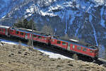 Doppeltraktion ABe 4/4 ll 51 und ABe 4/4 ll 56 in Alp Grüm am 13. Februar 2022.
Foto: Walter Ruetsch