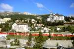 RhB - Regionalzug 1657 von St.Moritz nach Tirano am 31.08.2007 in St.Moritz mit Triebwagen ABe 4/4 II 42 + ABe 4/4 II 41 - B 2471 - AB 1541 - B 2311 - B 2313 - B 2452 - A 1274 - B 20697 - B 2095
