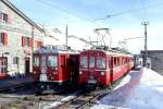 RhB - Extradampfzug fr Graubnden Tours 3474 von Ospizio Bernina nach Pontresina am 21.02.1998 in Ospizio Bernina mit Bernina-Triebwagen ABe 4/4 I 31 - ABe 4/4 I 34 - Dampflok G 3/4 1 - B 2060 - D 4052 I - A 1102 - Xk 9398. Hinweis: Bereitstellung neben Zug 9472 mit Triebwagen ABe 4/4 II 41 - Dampflok Rhtia verkehrte seit bestehen der Berninabahn erst an 3 Tagen auf Ospizio Bernina!
