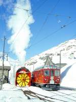 RhB Dampfschneeschleuderfahrtextrazug fr GRAUBNDEN TOURS 4413 von Bernina Lagalb nach Ospizio Bernina am 08.02.1997 nach Ankunft in Ospizio Bernina mit Xrot d 9213 - ABe 4/4II 48.