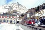 RhB Regionalzug 423 von St.Moritz nach Alp Grm am 09.03.1998 in Alp Grm mit Triebwagen ABe 4/4II 44 solo.