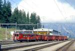 RhB REGIONALZUG 425 von St.Moritz nach Tirano am 07.09.1994 Einfahrt Pontresina mit Triebwagen ABe 4/4II 48 - DZ 4037 - B 2458 - B 2313 - AB 1545 - B 2314 - B 2311 - B 2102 - B 2092.