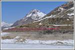 Der BerninaExpress 951 von Chur nach Tirano schlngelt sich dem halbleeren und noch teilweise zugefrorenen Lago Bianco entlang. Gezogen wird der BEX auf der gesamten Strecke von einem Zweistrom-Allegra. Ganz im Hintergrund ist der Piz Ot 3246m zu sehen und die Pyramide hinter dem Zug ist der Piz Albris 3165m. (15.05.2012)