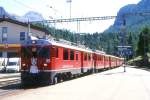 RhB Regionalzug 460 von Tirano nach St.Moritz am 28.08.1998 Eonfahrt Pontresina mit Triebwagen ABe 4/4 III 55 - ABe 4/4 II 44 - 5x B - D 4035 - Gbkv 5570. Hinweis: gescanntes Dia
