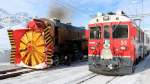 Dampfschneeschleuder Xrotd 6/6 9213 und Bernina-TW ABe 4/4 55  Diavolezza  (RE-Power) in der Station Ospizio Bernina.