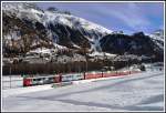 Der BerninaExpress 972 mit den beiden ABe 4/4 III 55  Diavo9lezza  und 51 Poschivo  von Tirano nach St.Moritz hat soeben Pontresina verlassen.