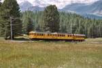 Historischer Zug aus der Anfangszeit der Berninabahn durchfhrt sommerliche Wiesen zwischen Punt Muragl Staz und Pontresina, aufgenommen am 12.