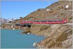 Bernina Express 976 mit ABe 4/4 III 54  Hakone  und 52  Brusio  auf der Am See Brücke bei Ospizio Bernina. Die Gruppe auf dem Wanderweg fotografiert zur gleichen Zeit den gleichen Zug von oben.(26.10.2014)