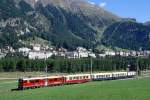 RhB - Alpin-Classic-Pullman-Express 3462 fr Graubnden Tours von Pontresina nach St.Moritz am 28.08.1998 kurz nach Pontresina mit Triebwagen ABe 4/4 III 51 - As 1141 - As 1144 - As 1143 - D 4062.