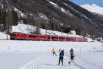 Ge 4/4 II 629 aus Chur nach St Moritz. Am 25.2.26 von der Langlaufloipe zwischen Bevor und Samedan gelichtet.