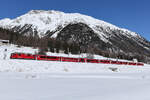 Nochmal schöne Breitseite der Ge 4/4 II 629 aus Chur nach St Moritz. Am 25.2.26 von der Langlaufloipe zwischen Bevor und Samedan gelichtet.