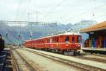 RhB - Regionalzug 341 von Samedan nach Pontresina am 31.08.1996 Einfahrt Pontresina mit Triebwagen ABe 4/4 502 - B 2340 - AB 1514 - BDt 1723 - Hinweis: Triebwagen 01/2000 ausr.