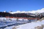 RhB Regionalzug 1925 von Scuol nach Pontresina 14.12.2007 auf Flazbachbrcke bei Punt Muragl mit ABDt - 2xB - A - E-Lok Ge 4/4 II 619  