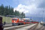 RhB BERNINA-EXPRESS A 501 von Chur nach Tirano am 07.09.1994 Einfahrt Pontresina mit E-Lok Ge 4/4I 604 - B 2494 - B 2493 - BD 2475 - A 1273 - A 1274 - B 2496 - B 2491. Hinweis: EW-IV-Kompo
