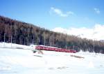 RhB PENDELZUG 311 von Samedan nach Pontresina am 10.03.1998 kurz vor Pontresina mit Triebwagen ABe 4/4 502 - B 2340 - B - AB 1514 - BDt 1723. Hinweis: 502er inzwischen Abbruch!
