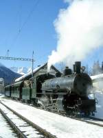 RhB DAMPFZUG fr GRAUBNDEN TOURS 3723 von St.Moritz nach Scuol am 02.03.1997 in Cinuos-che-Brail mit Dampflok G 4/5 108 - A 1102 - B 2060 - D 4052I - B 2245.