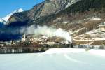 RhB DAMPFZUG 3768 von Scuol nach Samedan am 09.02.1997 beim Spl-Viadukt kurz nach Zernez mit Dampf-Lok G 4/5 108 - B 2245 - A 1102 - B 2060 - D 4052I.