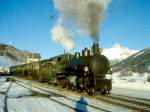 RhB DAMPFZUG 3768 von Scuol nach Samedan am 09.02.1997 Ausfahrt Zuoz mit Dampf-Lok G 4/5 108 - B 2245 - A 1102 - B 2060 - D 4052I.