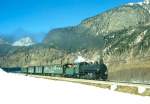 RhB DAMPFZUG 3768 von Scuol nach Samedan am 02.03.1997 unterhalb Zernez mit Dampf-Lok G 4/5 108 - B 2245 - D 4052I - B 2060 - A 1102.