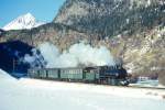 RhB DAMPFZUG 3768 von Scuol nach Samedan am 02.03.1997 kurz vor Zernez mit Dampf-Lok G 4/5 108 - B 2245 - D 4052I - B 2060 - A 1102.
