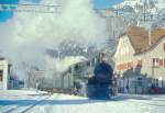 RhB DAMPFZUG 3768 von Scuol nach Samedan am 02.03.1997 in Zernez mit Dampf-Lok G 4/5 108 - B 2245 - D 4052I - B 2060 - A 1102.