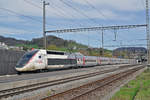 TGV Lyria 4405 durchfährt den Bahnhof Gelterkinden. Die Aufnahme stammt vom 14.04.2018.