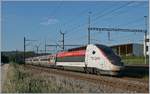 Der TGV Lyria 9264 von Lausanne nach Paris bei der Durchfahrt in Vufflens la Ville.
29. August 2018