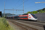 TGV Lyria 4721 durchfährt den Bahnhof Gelterkinden. Die Aufnahme stammt vom 07.07.2020.