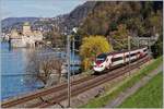 Der SBB RABe 503 022-7  Johann Wolfgang von Goethe  als EC 32 auf der Fahrt von Milano nach Genève beim Château de Chillon.