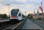 Nachschuss auf RABe 521 205 (Stadler FLIRT) der SBB GmbH (SBB) als SBB87716  Seehas  von Konstanz nach Singen(Hohentwiel), der die Alte Rheinbrücke in Konstanz auf der Bahnstrecke Basel Bad