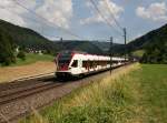 Der RABe 521 029 als S 3 am 28.06.2011 unterwegs bei Tecknau.