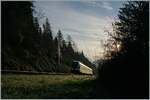 Sonnenaufgang im Valle de Travers bei Boveresse, als der SBB RABe 522 207 als RE 18122 auf dem Weg von Neuchâtel nach Frasne durch den Wald in Richtung Les Verierres fähr.