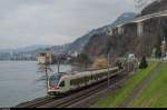 RABe 523 059 erreicht am 17. Februar 2016 in Kürze die Haltestelle Veytaux-Chillon.