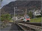 Der SBB RABe 523 107 ist als S 2 24271 von Vallorbe nach Aigle bei Villeneuve unterwegs.