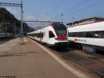 Nachschuss auf den RABe 524 102 am 6.7.2011 in Bellinzona, wo er als S20 nach Locarno fhrt.