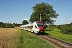 Der RABe 527 196 fährt als S20 14467 von Neuchatel nach Fribourg, hier zwischen Cressier FR und Courtepin.