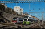 RABe 527 331 vom Typ FLIRT der TransN fhrt am 07.11.2015 aus der Abstellgruppe in den Bahnhof Neuchtel ein, um danach als Regio nach Buttes zu fahren.