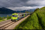 Am 17.05.2021 wurde BLS RBDe 565 738 von Spiez nach Thun überführt und konnte hier bei Gewitterstimmung bei Einigen am Thunersee aufgenommen werden.