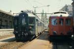 SBB - Triebwagen BDe 4/4 1644 und RHB Triebwagen in Rorschach Hafen im Mai 1985 .. Bild ab Dia