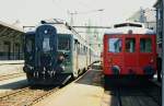 SBB Triebwagen BDe 4/4 1644 neben RHB Zahnrad Triebwagen ABDeh 2/4  23 im Bahnhof von Rorschach Hafen im Mia 1985 .. Bild an Dia..