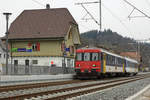 Oensingen-Balstal-Bahn/OeBB.
DSF-RBe 540 074-2, ehemals OeBB/SBB mit unpassendem Steuerwagen als Testzug  bei der Emmentalbahn auf der Rückfahrt bei Grünenmatt am 3. März 2021.
Fotostandort: Öffentlich zugängliche Wiese, Bildausschnitt Fotoshop.
Foto: Walter Ruetsch