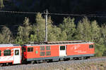 Matterhorn-Gotthard-Bahn: Deh 4/4 92 am Schluss des Zuges bei der Einfahrt in Grengiols. 21.September 2022 