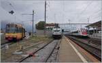 Bunte Bahn in Chavornay: Links wartet der TRAVYS/OC Be 4/8 003 auf die Abfahrt nach Orbe, in der Mitte die an die BLS vermietete RailPool 187 008-8 auf ihre Güterlast und rechts im Bild