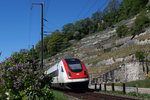 SBB: IC mit RABDe 500 (ICN) auf dem noch eingleisigen Streckenabschnitt unterwegs zwischen Ligerz und Twann am Auffahrtstag den 5. Mai 2016.
Foto: Walter Ruetsch  