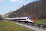 RABe 501 021-6 Giruno fährt Richtung Bahnhof Tecknau. Die Aufnahme stammt vom 08.03.2021.