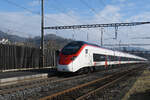 RABe 501 029-9 Giruno durchfährt am 02.02.2026 den Bahnhof Gelterkinden.