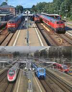 Blick von der Fussgängerbrücke auf den Bahnhof Memmingen am 27.08.2010 und am 24.02.2023: Auf der oberen Aufnahme treffen sich vier Lokomotiven der Baureihe 218, auf Gleis 2 sind 218 491-9