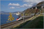 Das klassische Herbstbild: Ein SBB RABe 503 als EC 32 von Milano nach Genève vor der Kulisse des Château de Chillon.