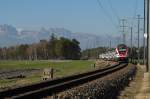 Auf der Fahrt von (Wil) St. Gallen nach Chur wurde kurz vor Weite der „RHEINTAL-EXPRESS“ RE 3821 fotografiert (07.03.2014).