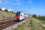 Der RABe 512 003 machte am 29. August 2022 Testfahrten am Neuenburgersee. Hier fährt er durch Auvernier Richtung Yverdon. Insgesamt hat die SBB 60 Interregio-Doppelstockzüge des Types RABe 512 für 1,3 Milliarden Franken gekauft.